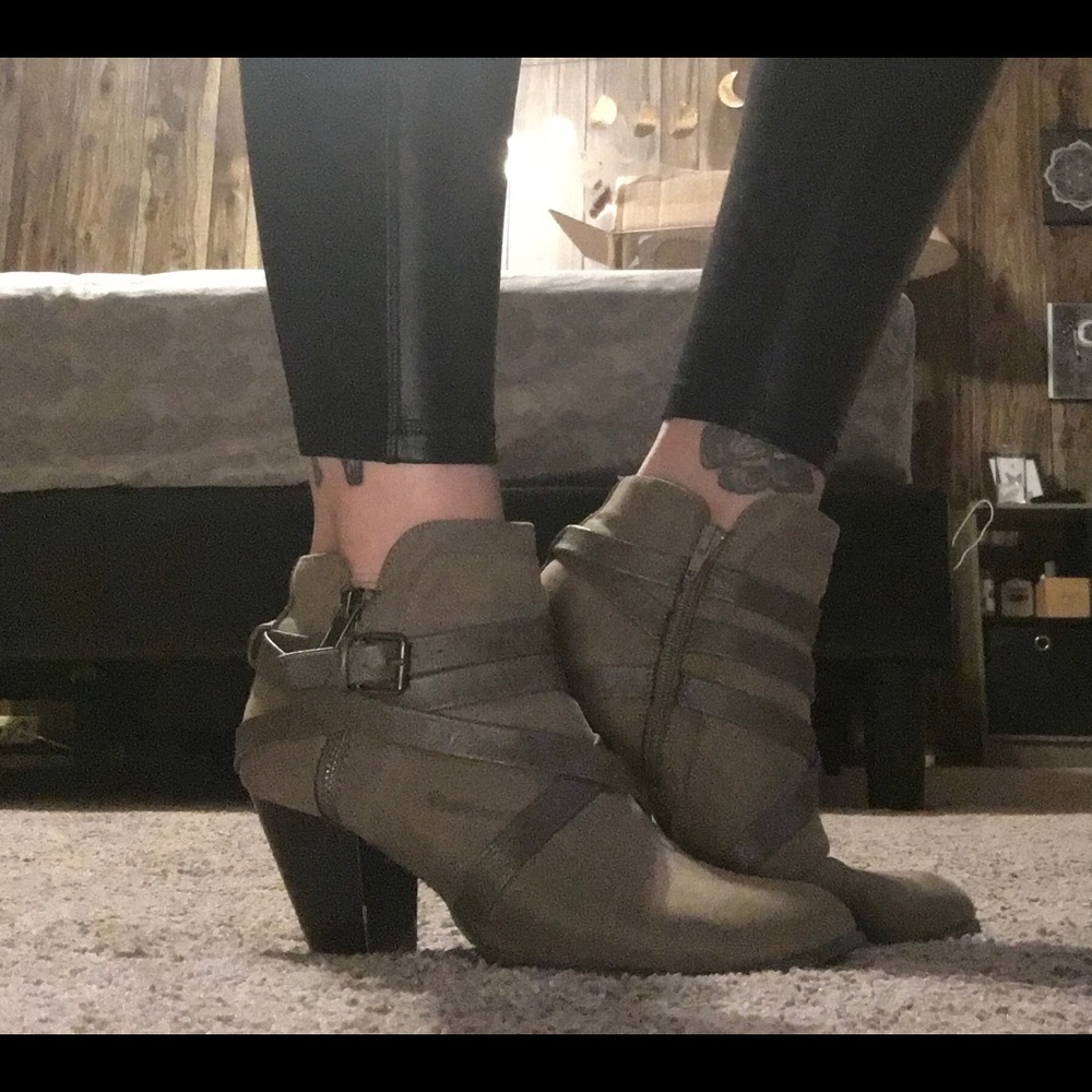 Beige strapped ankle booties heels